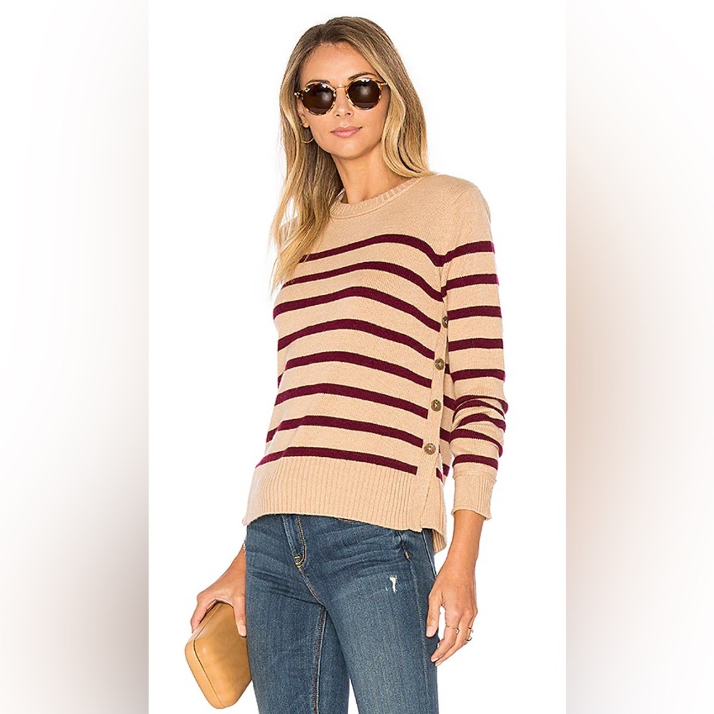 Autumn Cashmere Striped 100% Cashmere Side Button Sweater Tan Burgundy - Small